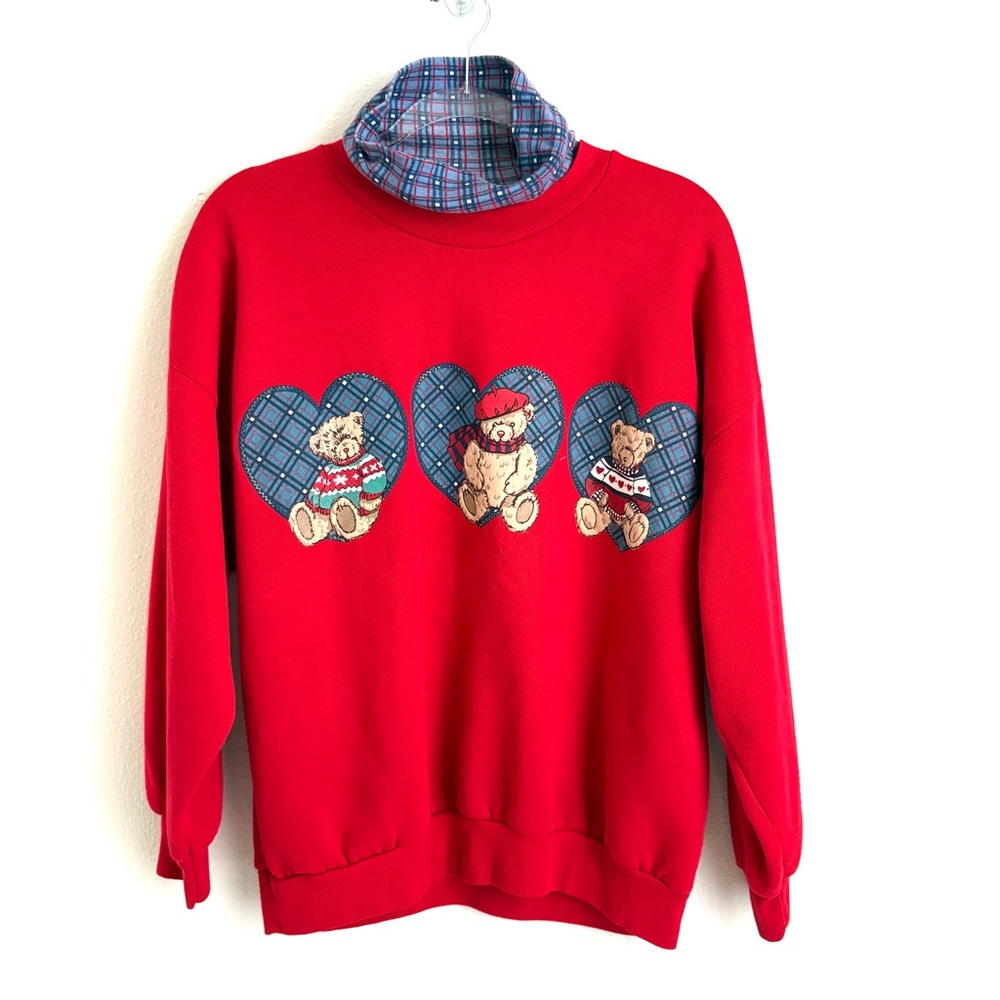 Act‎ III | Women’s VINTAGE Red Teddy Bear Turtleneck Oversized Sweatshirt Size M